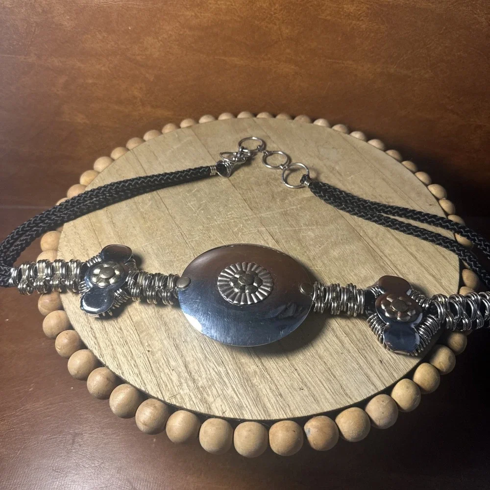 Braided Rope & Metal Rings Belt with Medallion Country Western Tribal 34 Inches